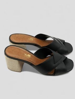 L'INTERVALLE Black Leather Crisscross Mule Sandals Jute Block Heel Size 8
